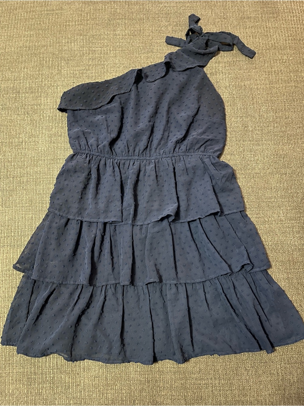 One-Shoulder Navy Tiered Swiss Dot Ruffle Dress